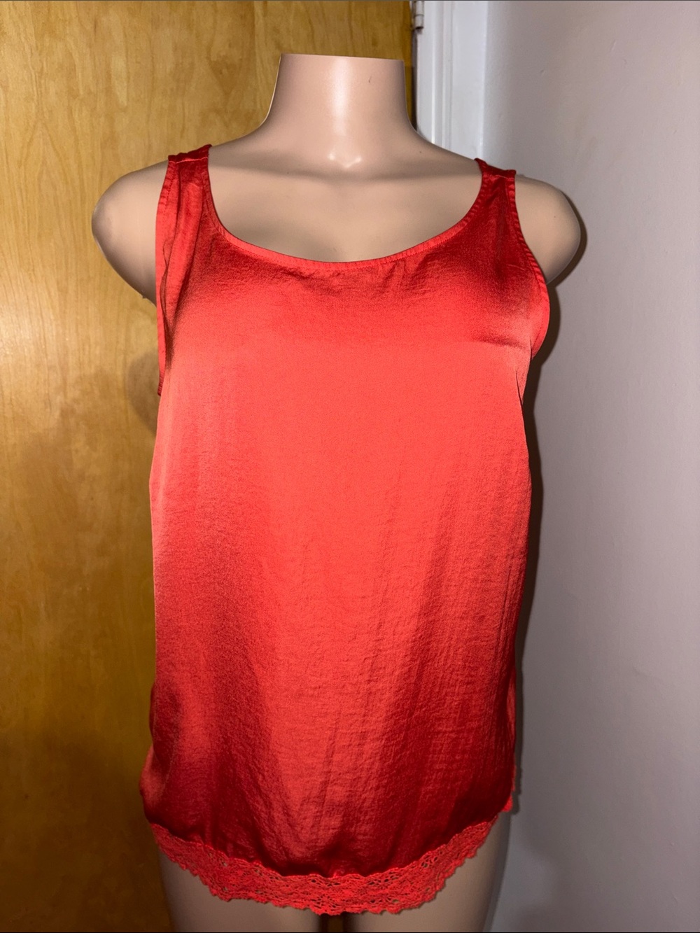 Chico's Coral-Red Satin Camisole with Lace Trim